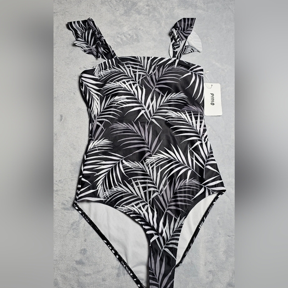 131. 🆕 Small Retro Style Square Neck Ruffled Straps Black White Palm - Picture 3 of 4